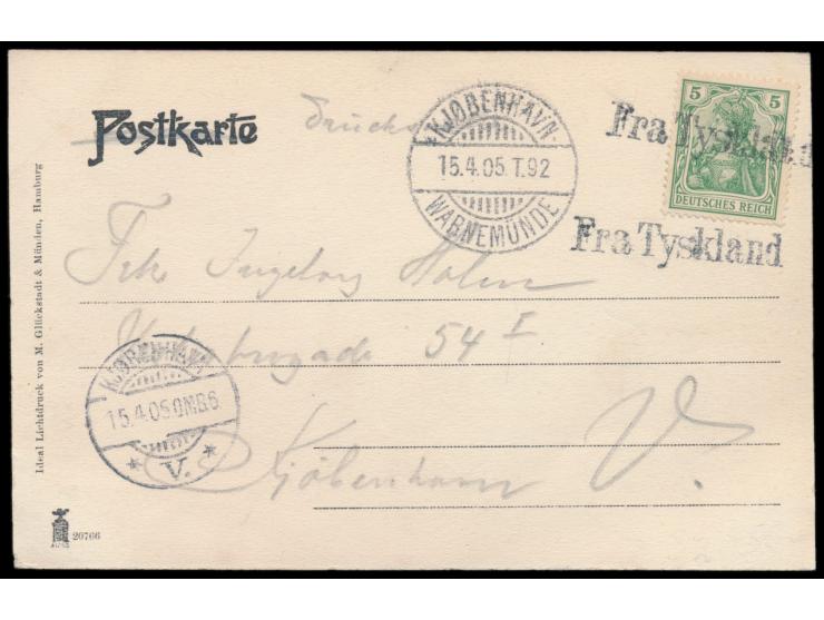 2 x L1  Frankfurt Tyskland  und Stempel  Kjöbenhavn - Warnemünde  15.4.05 T.92 auf Ansichtskarte Rostock mit Dt. Reich 5 Pf. 
