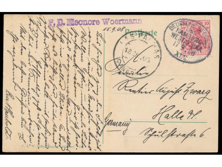 Stempel Deutsche Seepost  Linie Hamburg - Westafrika XLV.  17.9.08 mit violettem L1  P.D. Eleonore Woermann  auf Ansichtskart
