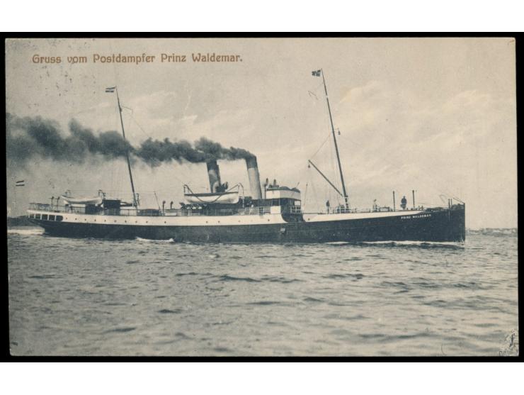 Rahmenstempel  Korsör - Kiel / DPSK. Postkt. / No. 4   28.7.auf Ansichtskarte "Gruss vom Postdampfer Prinz Waldemar", Frankat