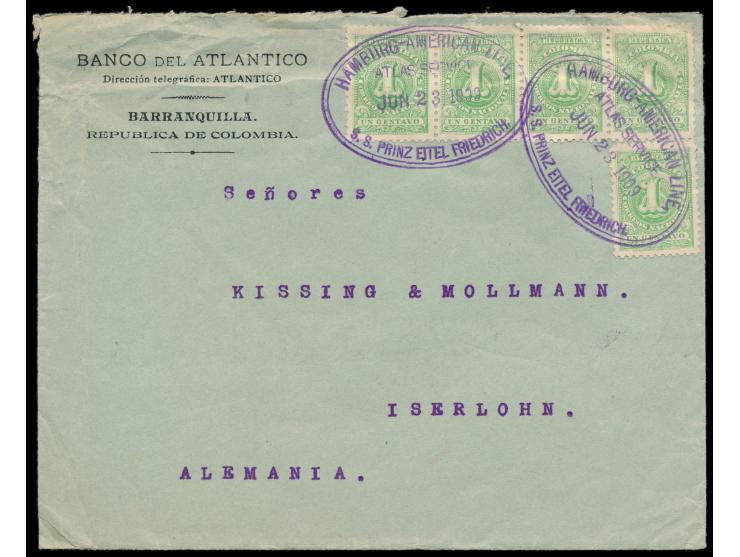 2 x violetter Ovalstempel  Hamburg-American Line / Atlas Service   / S. S. Prinz Eitel Friedrich  23.6.1909 auf Brief mit 5 x