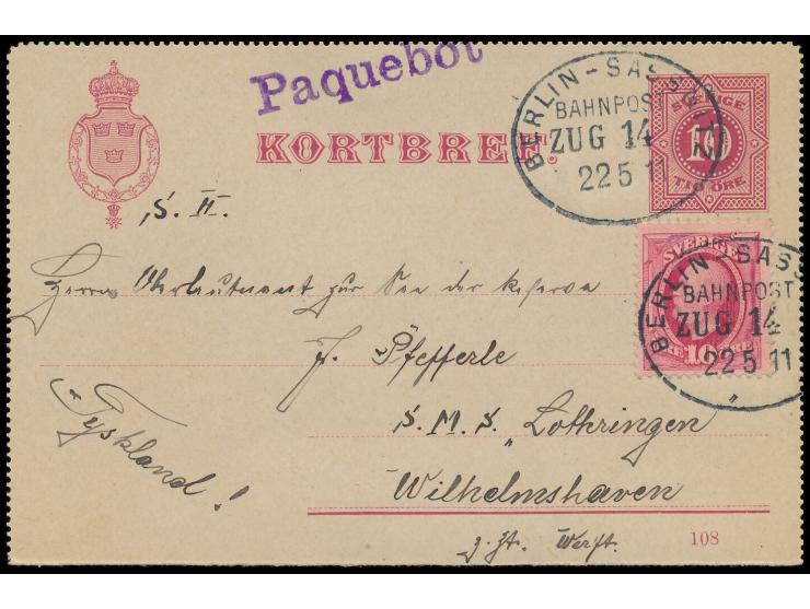 Schweden-Kartenbrief &nbsp;10 Öre mit Zusatzfrankatur 10 Öre an einen Oberleutnant z. See an Bord &nbsp;S.M.S. Lothringen &nb