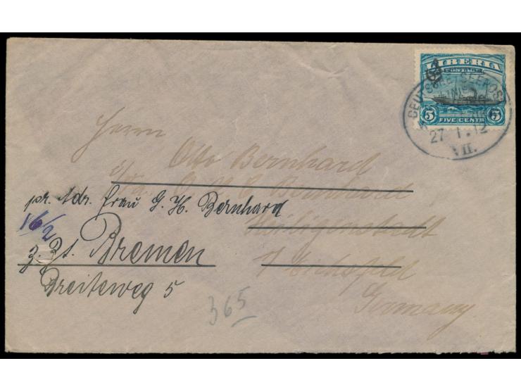 Stempel Deutsche Seepost  Linie Hamburg - Westafrika VII.  27.1.12, Dampfer Hans Woermann, auf Brief aus Grand Bassa mit  Lib