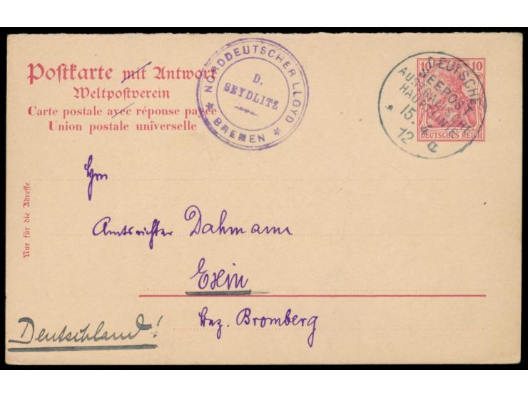 Stempel Deutsche Seepost  Australische Hauptlinie a  15.4.12 und seltener Bordstempel "Norddeutscher Lloyd Bremen /  D. Seydl