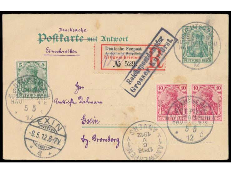 Stempel Deutsche Seepost  Australische Hauptlinie c  5.5.12 auf Ganzsachen-Frageteil 5 Pf. mit Zusatzfrankatur 5 Pf. und 2 x 