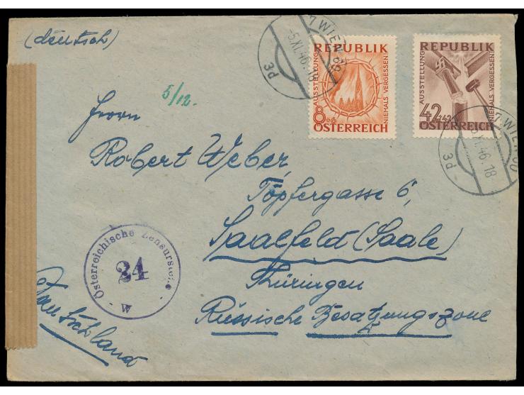 "Niemals vergessen"  8 g und 42 g auf Auslandsbrief mit Tagesstempel Wien 5.11.46 nach Deutschland, links neutraler Verschlus