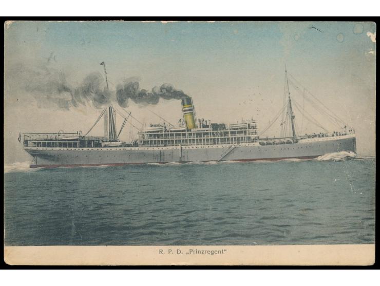 Stempel  Deutsche Seepost Ost-Afrika-Linie p  3.11.13,  Dampfer Prinzregent,  zwei Abschläge auf Ansichtskarte des Dampfers m