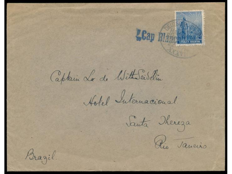 Stempel Deutsche Seepost &nbsp;Linie Hamburg - Südamerika XXXVI &nbsp;22.1.14 und blauer L1 &nbsp;Cap Blanco &nbsp;auf Brief 