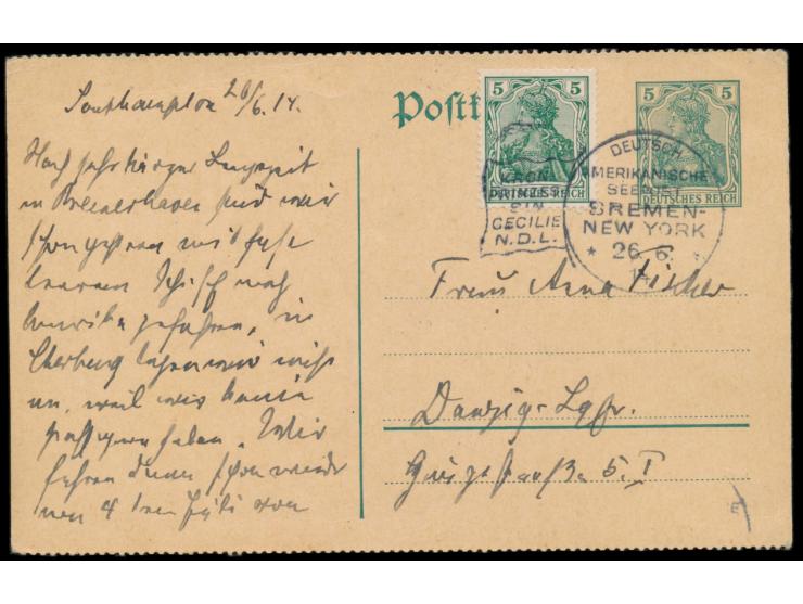 Flaggenstempel &nbsp;Deutsch-Amerikanische Seepost &nbsp;Bremen - New York / Kronprinzessin Cecilie N.D.L. &nbsp;26.6.14 auf 