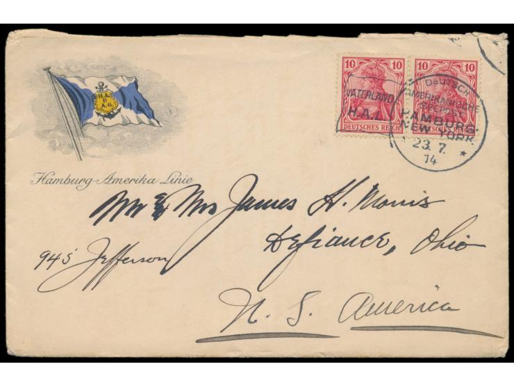 Flaggenstempel Deutsch-Amerikanische Seepost  Hamburg - New York, Vaterland H.A.L.  23.7.14 auf Umschlag der Hamburg-Amerika-