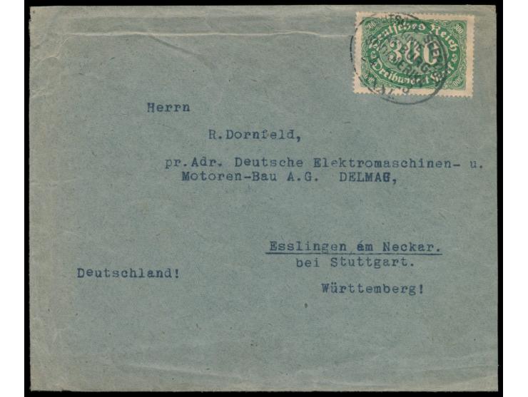Stempel Deutsche Seepost  Linie Hamburg - Südamerika XXXI.  24.6.23 auf Brief mit  Deutsches Reich 300 M.  nach Esslingen, rü