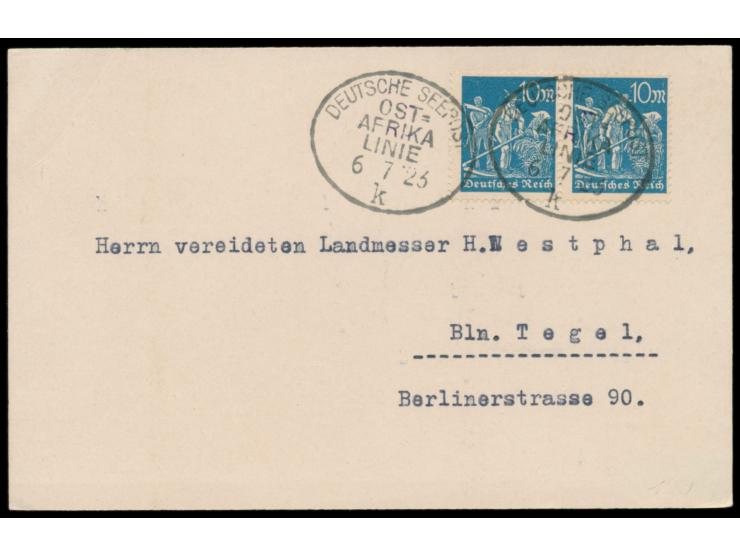 Ovalstempel  Deutsche Seepost Ost-Afrika-Linie k  6.7.23 auf Karte (ohne Text) mit 2 x Dt. Reich 10 M. nach Berlin, zum bei A