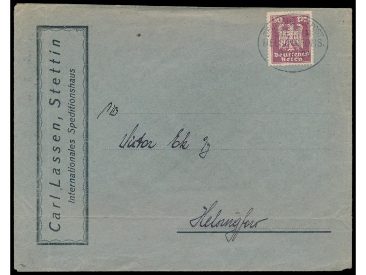 Stempel Deutsche Seepost  Stettin - Helsingfors  9.8.24 auf Firmenbrief aus Stettin nach Helsinki, Frankatur 30 Pf. Neuer Rei