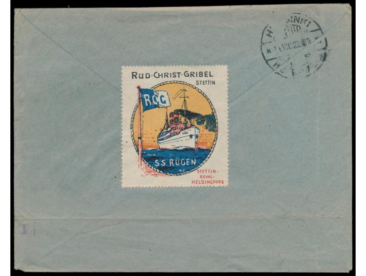 Stempel Deutsche Seepost  Stettin - Helsingfors  9.8.24 auf Firmenbrief aus Stettin nach Helsinki, Frankatur 30 Pf. Neuer Rei