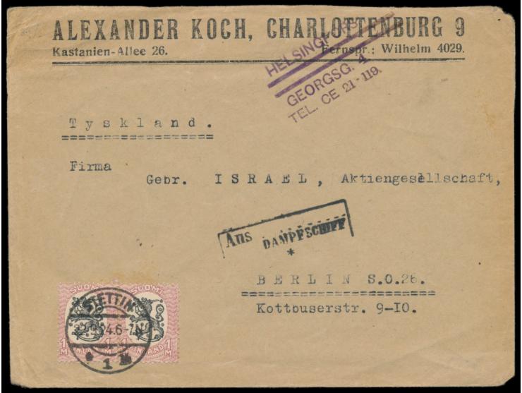 Firmenbrief aus Helsinki nach Berlin, 2 x  Finnland  1 M. mit Stempel  Stettin 1  22.9.24 entwertet, daneben schwarzer R3  "A