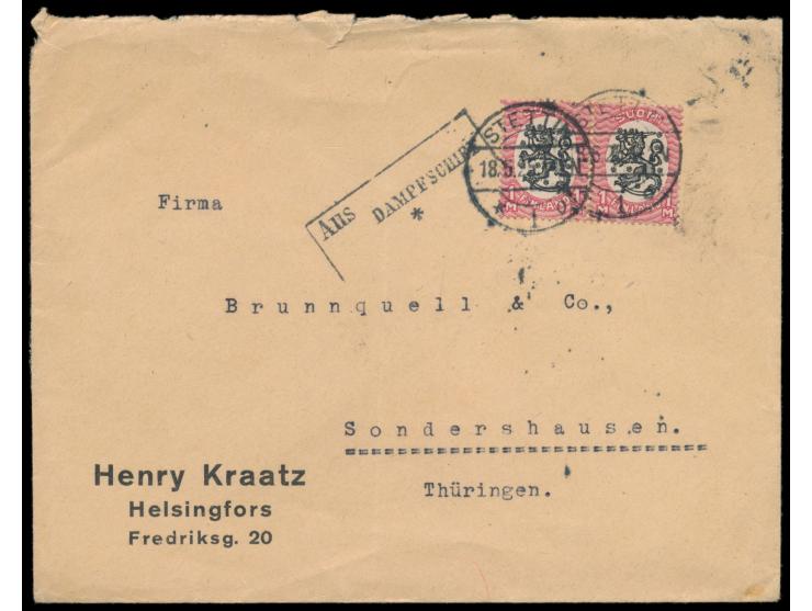 Firmenbrief aus Helsinki nach Sondershausen, 2 x  Finnland  1 M. mit Stempel  Stettin 1  18.5.25 entwertet, daneben schwarzer