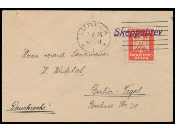 Dt. Reich 10 Pf. auf Brief mit violettem L1 Skeppsbrev und Maschinenstempel Lübeck 1 13.6.25 nach BerlinPostleitzahl: 235