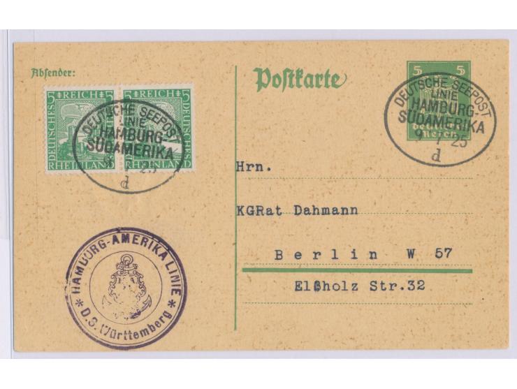 Stempel Deutsche Seepost  Linie Hamburg - Südamerika d  9.7.25 und Bordstempel Hamburg-Amerika-Linie  D. S. Württemberg  auf 