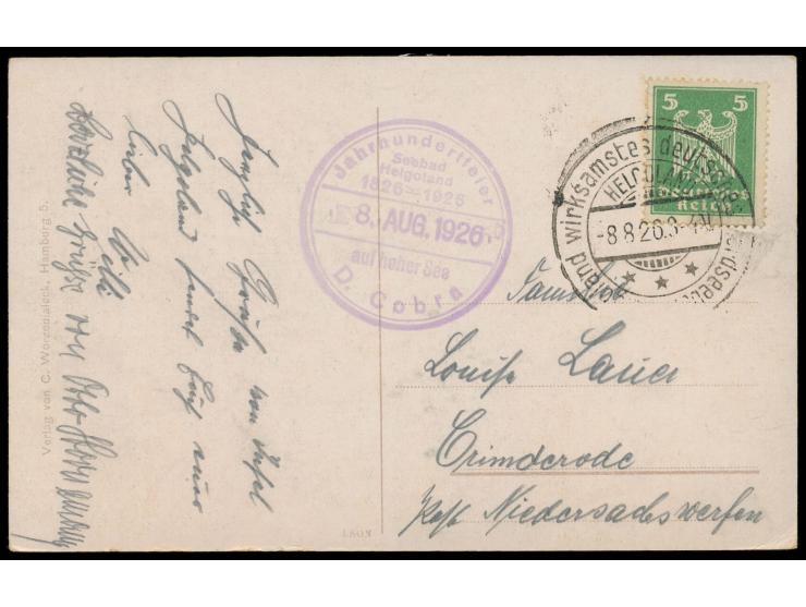 Bordstempel  "Jahrhundertfeier Seebad Helgoland 1826 - 1926 / 8. Aug. 1926 / auf hoher See D. Cobra"  und Ortswerbestempel He