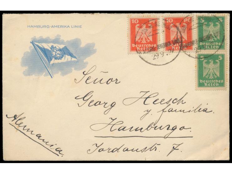 aptierter Segmentstempel  Deutsche Seepost ... Hamburg-Amerika Linie  29.9.27 auf HAL-Umschlag mit 2 x 5 Pf. und 2 x 10 Pf. R