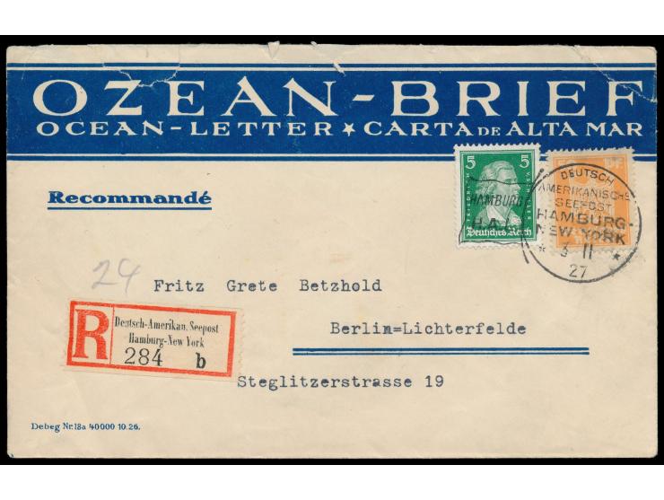 Flaggenstempel Deutsch-Amerikanische Seepost  Hamburg - New York / Hamburg H.A.L.  3.11.27 auf  Ozean-Brief  per  Einschreibe