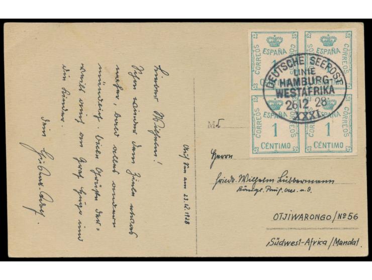 Stempel Deutsche Seepost  Linie Hamburg - Westafrika XXXI.  26.12.28,  Dampfer Este,  zentrischer Abschlag auf  Spanien-Viere