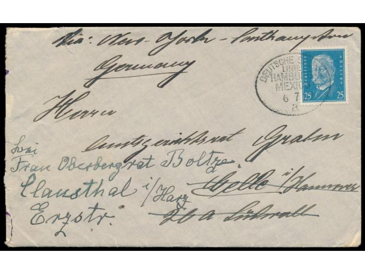 Ovalstempel Deutsche Seepost &nbsp;Linie Hamburg - Mexico a &nbsp;6.7.29, &nbsp;Dampfer Rio Panuco, &nbsp;Brief mit 25 Pf. Hi