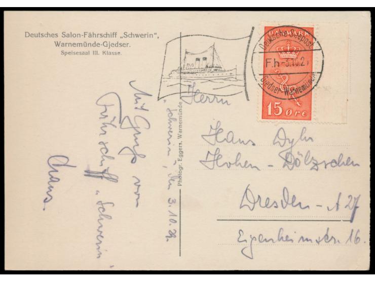 Flaggenstempel  Deutsche Seepost Gjedser - Warnemünde Fh  3.10.29 auf Foto-Ansichtskarte "Salon-Fährschiff Schwerin" mit Däne