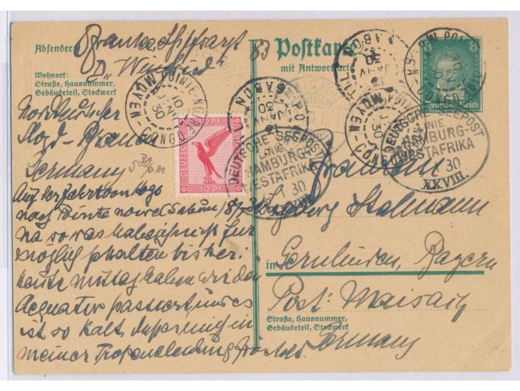 Stempel Deutsche Seepost  Linie Hamburg - Westafrika XXVIII.  9.1.30 auf Ganzsachen-Doppelkarte 8 Pf. mit Zusatzfrankatur 10 