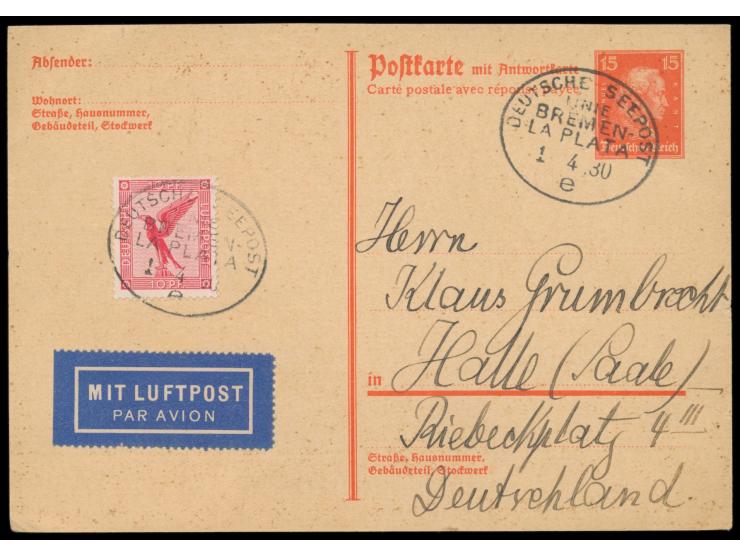 Ovalstempel Deutsche Seepost  Linie Bremen - La Plata e  1.4.30,  Dampfer Sierra Ventana,  auf Ganzsachen-Frageteil 15 Pf. Sc