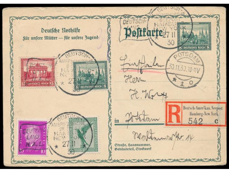 Flaggenstempel Deutsch-Amerikanische Seepost  Hamburg - New York / Deutschland H.A.L.  27.11.30 auf Nothilfe-Ganzsache 8 Pf. 