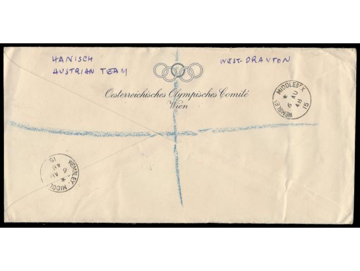 Olympiade London 1948,  Umschlag (21,5 x 10,6 cm) mit rückseitigem Eindruck  "Oesterreichisches Olympisches Comité Wien"  und
