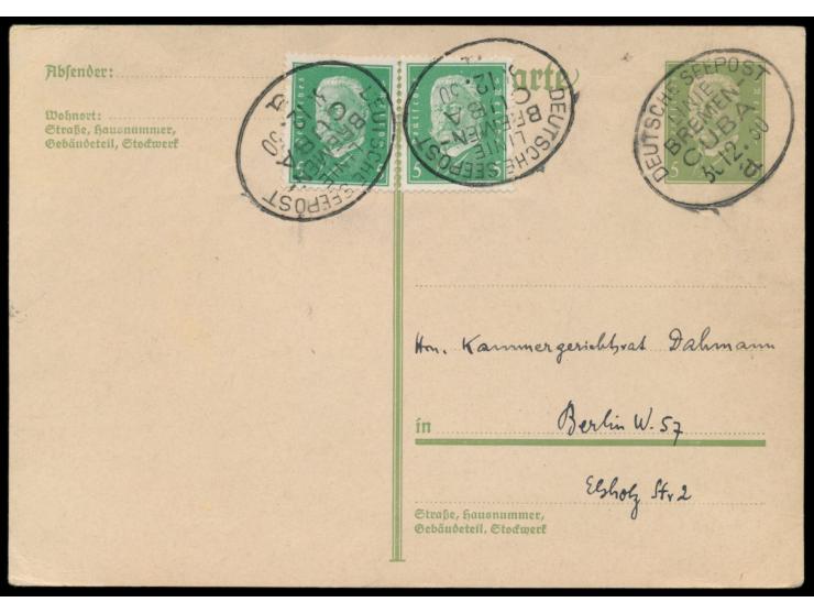 Stempel Deutsche Seepost  Linie Bremen - Cuba a  30.12.30, Dampfer Yorck, drei Abschläge auf Ganzsache 5 Pf. mit Zusatzfranka