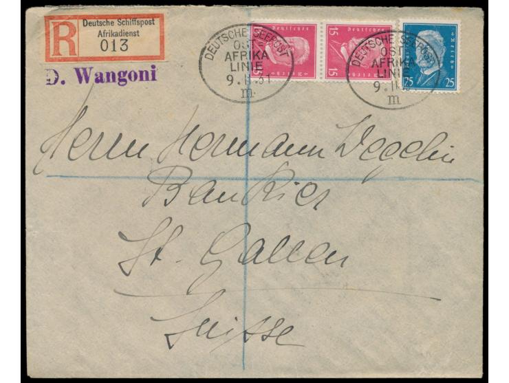 2 x Stempel Deutsche Seepost  Ost-Afrika-Linie m  9.11.31 auf  Einschreibbrief  mit 2 x 15 Pf. und 1 x 25 Pf. Hindenburg in d