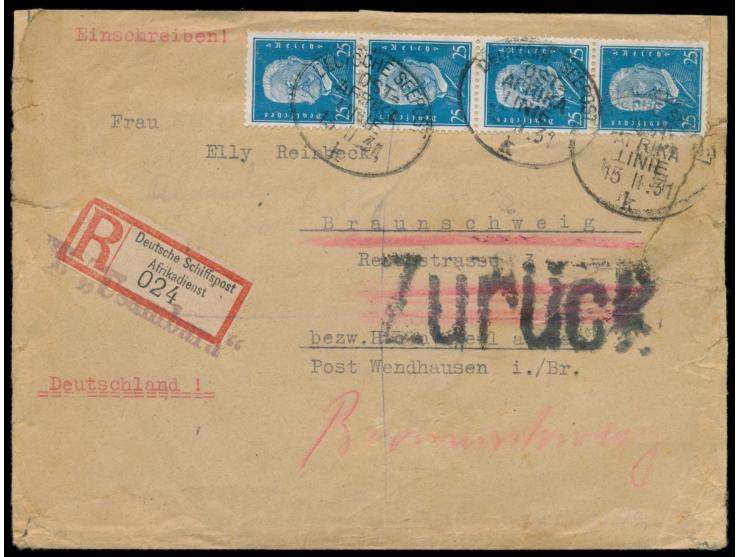 Stempel Deutsche Seepost  Ost-Afrika-Linie k  15.11.31 auf  Einschreibbrief  mit 4 x 25 Pf. Hindenburg nach Braunschweig,  R-