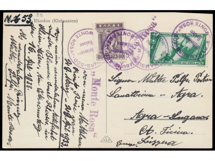 Bordstempel  Hamburg-Süd Mittelmeer-Reisen M. S. "Monte Rosa"  und L1 "Monte Rosa" als Entwertung auf Ansichtskarte Rhodos mi