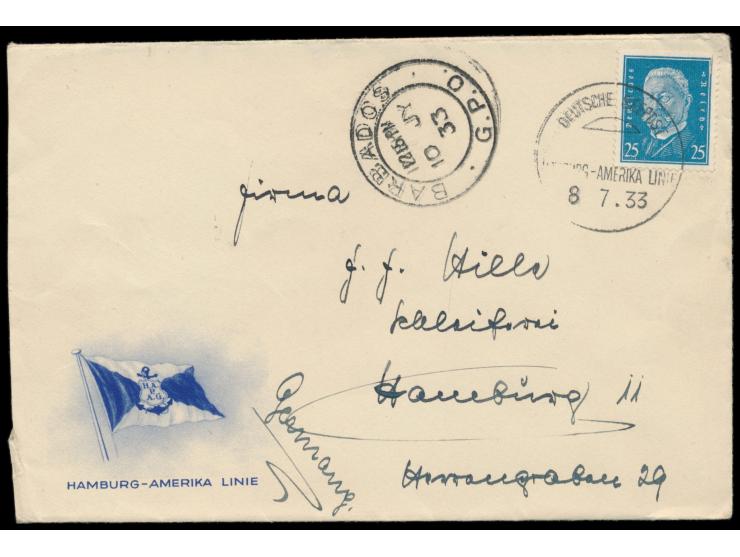 aptierter Segmentstempel &nbsp;Deutsche Seepost ... &nbsp;&nbsp;Hamburg-Amerika-Linie &nbsp;8.7.33 &nbsp;&nbsp;auf HAL-Umschl