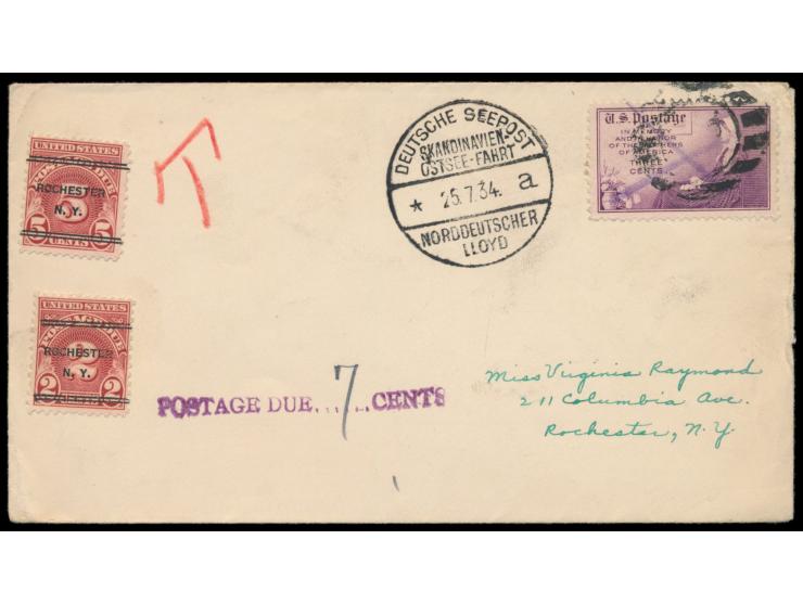 seltener Stempel Deutsche Seepost  Skandinavien - Ostseefahrt  Norddeutscher Lloyd * a 25.7.34 auf Brief mit USA-Frankatur na