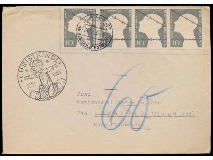 Bundesrepublik Deutschland.4x 10 Pfg.  Vertreibung, Auslandsbrief, aufgegeben mit Sonderstempel  Christkindl 22.12.53  nach L