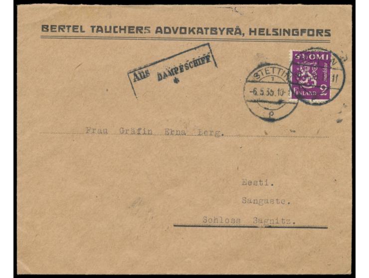 Finnland  2 M. auf Firmenbrief aus Helsingfors nach Schloss Sagnitz in Estland, Stempel  Stettin 1  6.5.35 (fehlgeleitet?) un