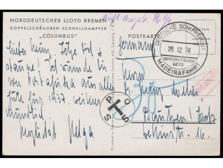 Stempel Deutsche Schiffspost Norddeutscher Lloyd  Madeirafahrt  29.12.36 auf unfrankierter Ansichtskarte Dampfer Columbus mit