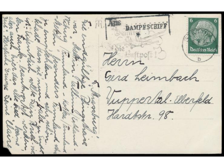 Foto-Ansichtskarte  "Dampfer Strassburg"  mit 6 Pf. Hindenburg nach Wuppertal, Maschinenstempel  Stettin 1  8.6.36 und alter 