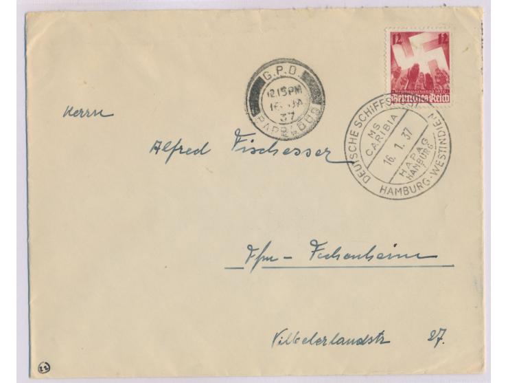 Stempel Deutsche Schiffspost  Hamburg - Westindien / MS Caribia  HAPAG Hamburg 16.1.37 auf Brief mit Sondermarke 12 Pf. nach 