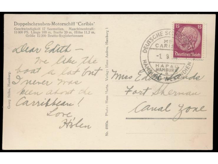Linie  Hamburg Westindien:  3 Belege mit Stempeln der Horn-Linie Hamburg:  M S H.G. Horn  7.7.37 (Venezuela-Frankatur),  M S 