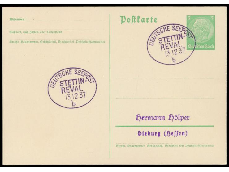 2 x seltener violetter Ovalstempel Deutsche Seepost  Stettin - Reval b  13.12.37 auf Ganzsache 5 Pf. nach Dieburg, Stempel-Be