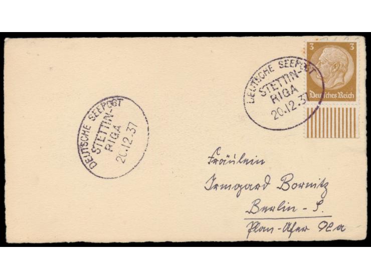 2 x seltener Ovalstempel Deutsche Seepost  Stettin - Riga  20.12.37 auf Drucksachenkarte mit 3 Pf. Hindenburg nach Berlin, St