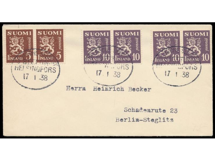 Ovalstempel Deutsche Seepost  Stettin - Helsingfors  17.1.38, 3 Abschläge auf Brief mit  Finnland  2 x 5 P. und 4 x 10 P. nac