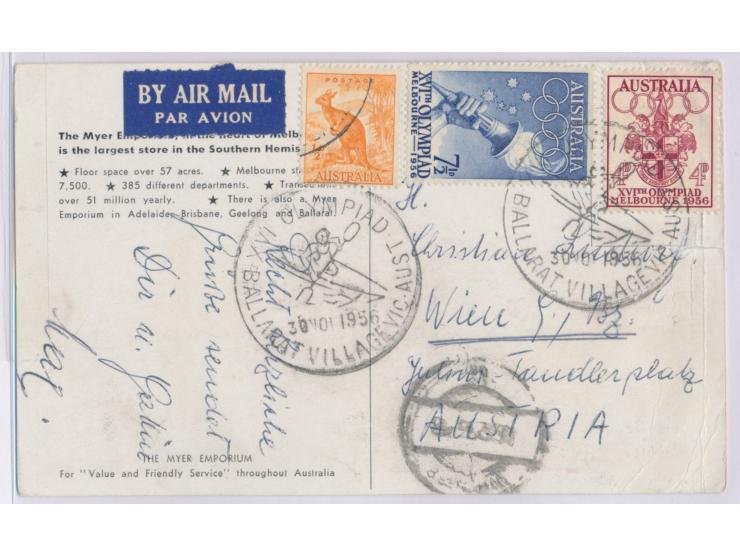 Australien, Ansichtskarte des Myer Tower Melbourne im Olympiaschmuck als Luftpostkarte nach Wien, Australien-Frankatur 12 d.,
