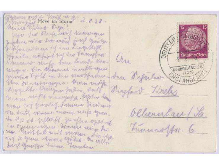 Stempel  Deutsche Schiffspost /   Norddeutscher Lloyd / Englandfahrt  2.8.38 auf Ansichtskarte mit 15 Pf. Hindenburg nach Olb