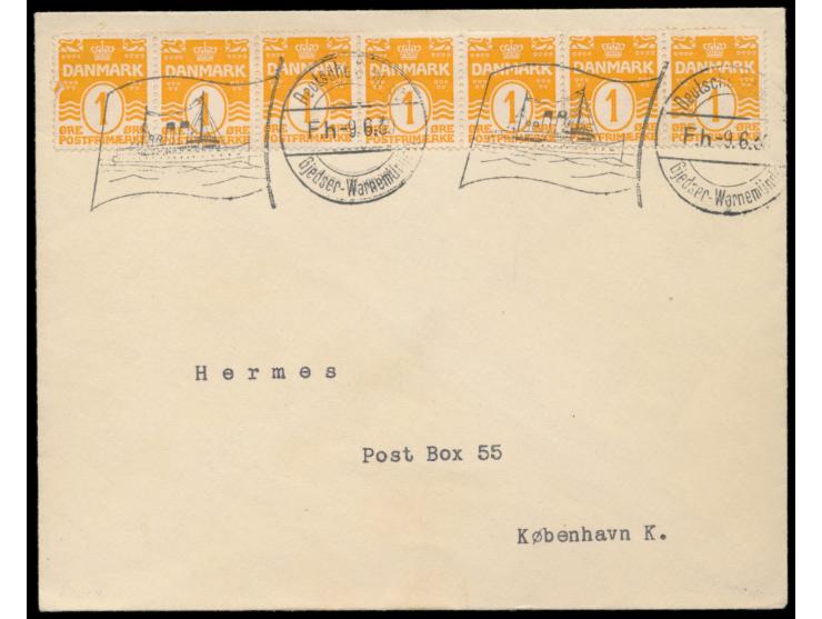 Flaggenstempel  Deutsche Seepost Gjedser - Warnemünde Fh  9.6.39 auf Drucksachen-Umschlag mit Dänemark-Frankatur 7 x 1 Öre na