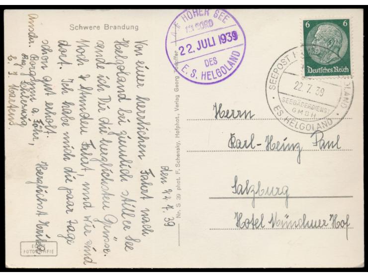 seltener Stempel  Seepost Hamburg - Helgoland Seebäderdienst G.M.B.H. ES Helgoland  22.7.39, nur vom 18.7. bis 21.8.1939 in V